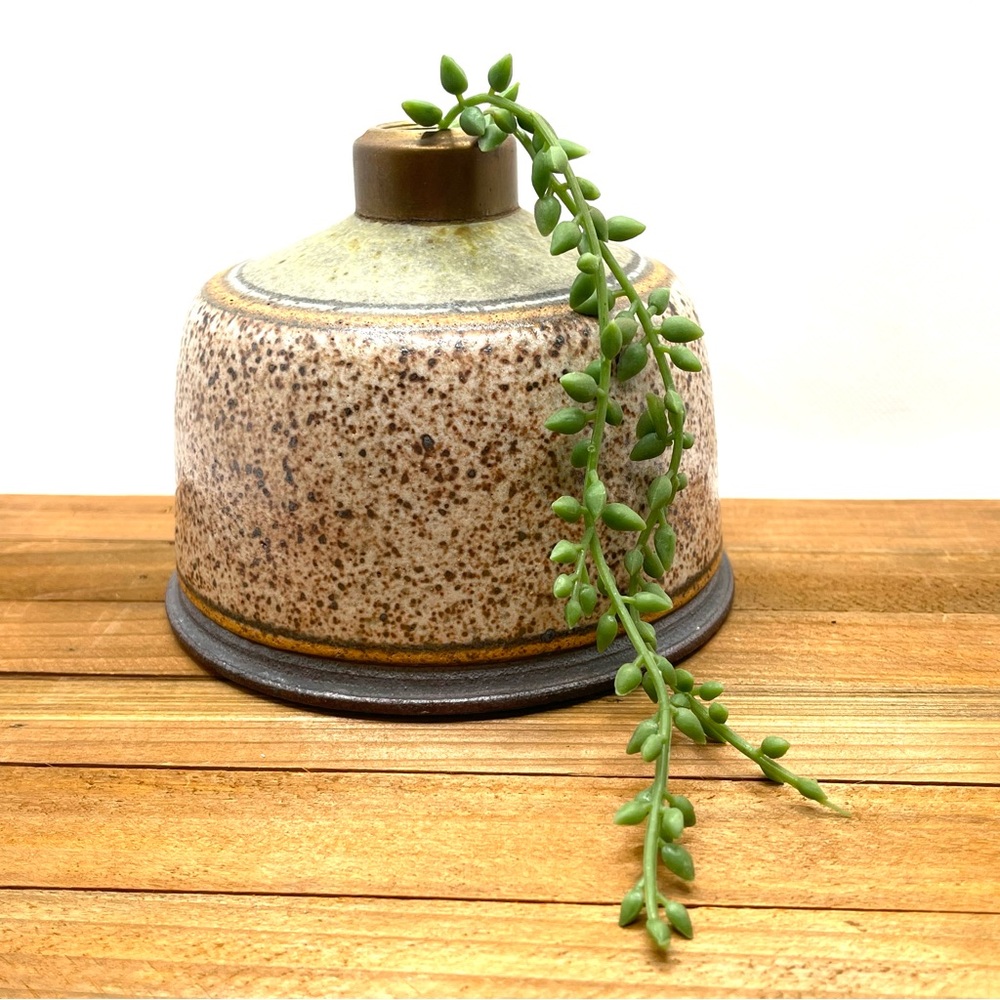 Signed Studio Pottery Vessel Speckled Ceramic Threaded Metal Top